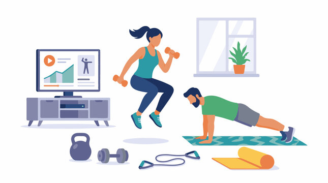 Couple exercising at home with online fitness class and equipment
