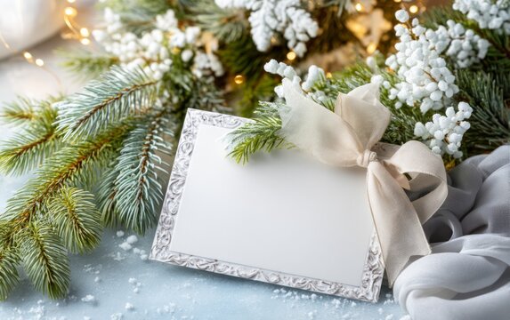Elegant blank white card with festive winter decoration and ribbon bow