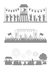Fototapeta premium 夏のイベント風景のシルエットイラストセット 盆踊り 野外フェス 花火大会
