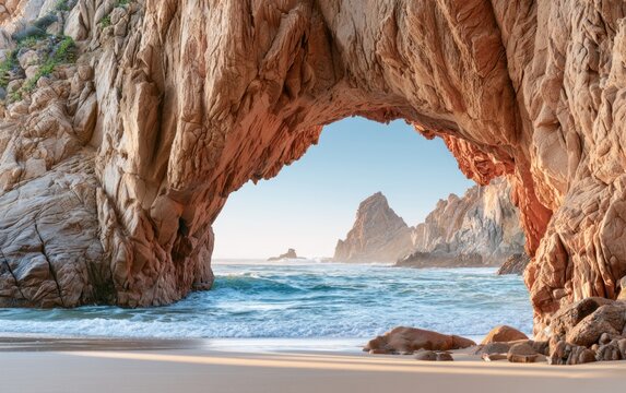 Natural rocky arch formation framing ocean waves with distant jagged mountain peak