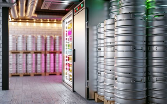 Industrial cold storage room with metal brewing container and beverage fridge