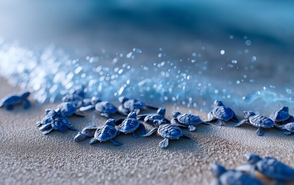 Newborn baby turtle hatchlings crawling on sandy beach toward ocean waves
