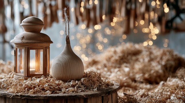 Warm glowing wooden lantern and carved wood ornament on rustic table