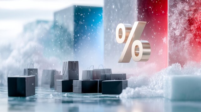 Large percentage symbol with black shopping bags on wet reflective surface