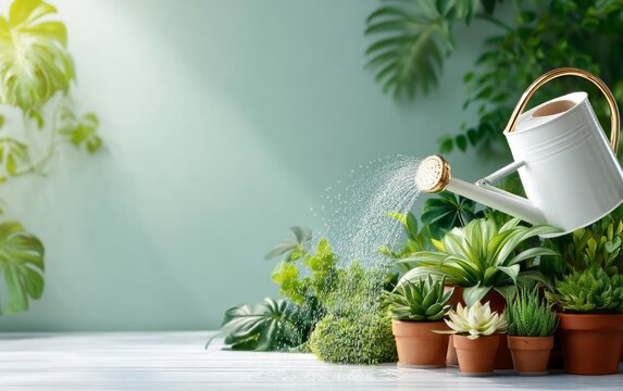 Indoor Garden with Watering Can and Succulent Plants in Terracotta Pots