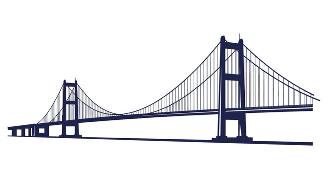 Silhouette of a long suspension bridge with tall pillars and complex cables spanning across the white background.