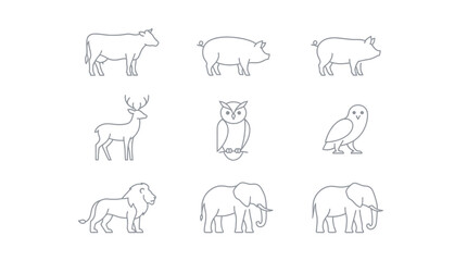 Obraz premium Extensive Collection of Minimalist Animal Line Art Silhouettes Featuring Domestic Farm Creatures, Woodland Forest Wildlife, and Exotic Safari Beasts Isolated on a Clean White Background