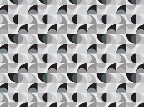 Vibrant seamless geometric pattern inspired by mid-century modern design, featuring layered semicircles, quarter circles, and overlapping circular shapes arranged in a balanced grid. 