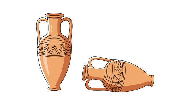Two classic terracotta amphorae with decorative patterns representing ancient greek or roman pottery and history.