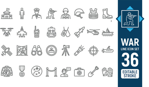 Set of 36 war and military line icons with military tactical security aircraft strategy equipment surveillance conflict binoculars