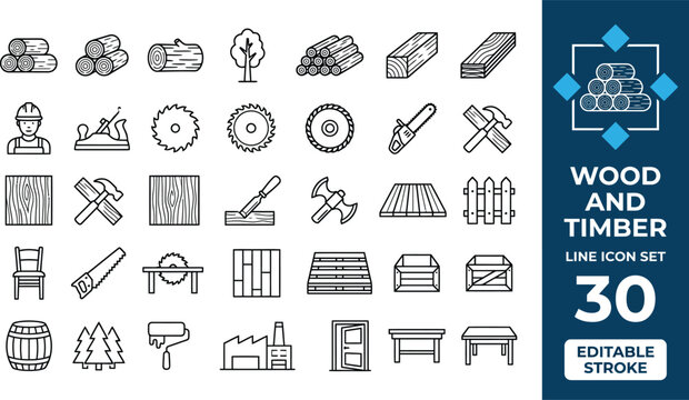 Set of 30 wood and timber industry line icons with carpentry forestry construction furniture material woodwork carpenter workshop
