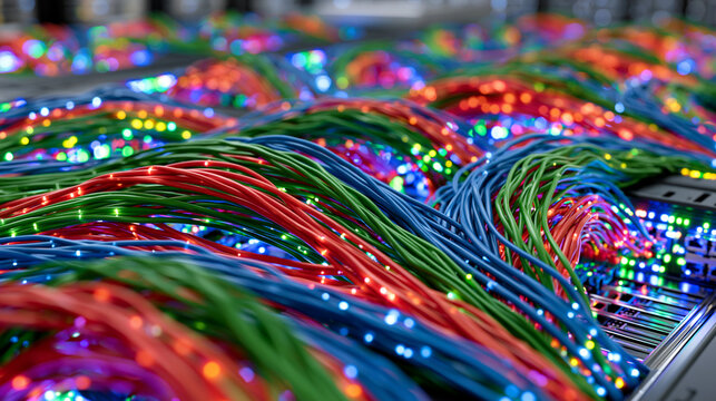 Modern hyperscale data center featuring multiple connected server cabinets with neatly arranged red, green, and blue network cables weaving through the racks, glowing LED indicators creating a vibra
