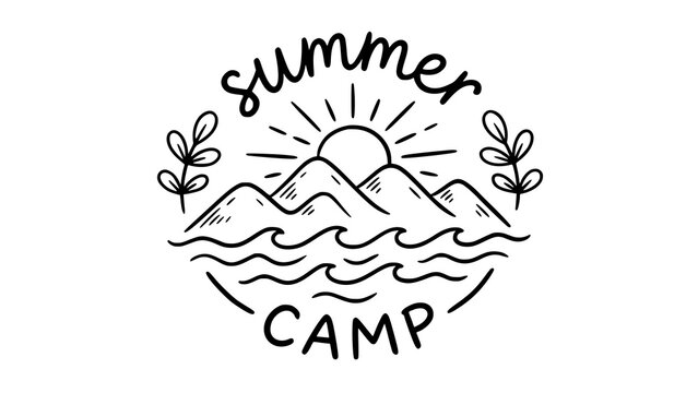 Hand drawn summer camp badge with mountains sun and ocean waves in black ink style