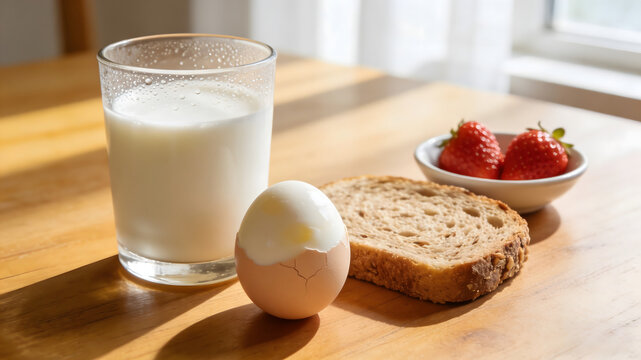 Glass of milk with boiled egg, whole grain bread and strawberries on wooden table