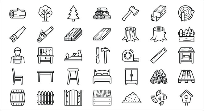 Collection Of Line Icons Depicting Woodworking Tools Forestry Elements And Rustic Furniture lumberjack carpentry tree saw log