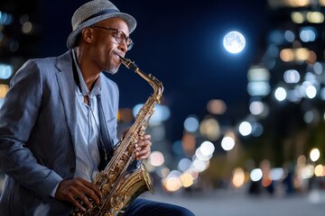 Fototapeta premium Musician plays saxophone under the moonlight in a city at night