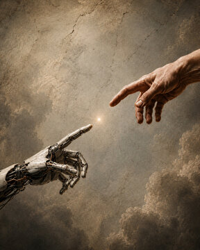 Robotic hand and human hand reaching toward each other with glowing light between fingertips, cracked fresco texture background