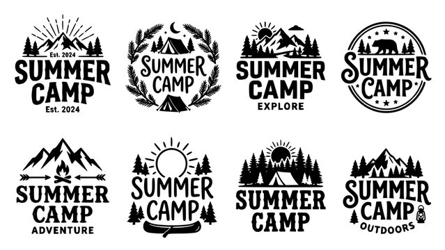 Set of eight vintage summer camp adventure badges and outdoor exploration logo design templates