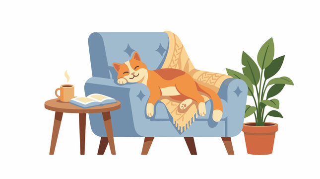 Cozy scene with a napping cat on a chair book and coffee