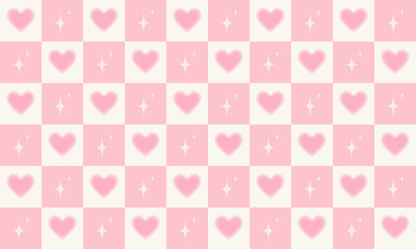 Cute coquette style pink gingham seamless pattern, romantic blurry hearts and sparkles checkerboard background