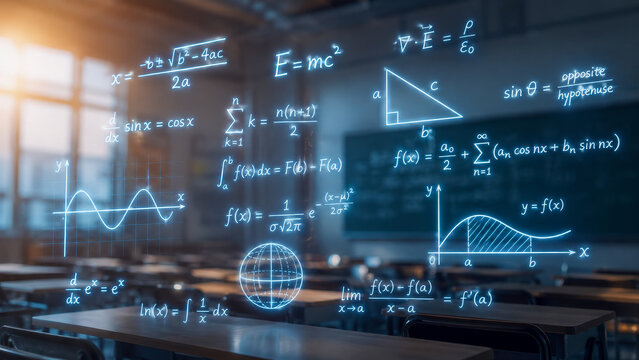 Glowing mathematical formulas floating in modern classroom for STEM education and back to school concept