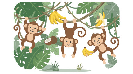 Fototapeta premium Monkeys hanging on branches with bananas and coconut.