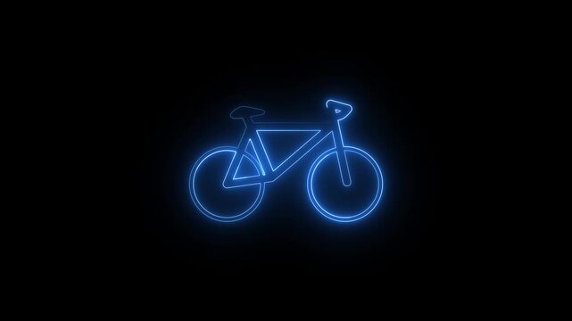 Glowing blue neon bicycle icon on black background
