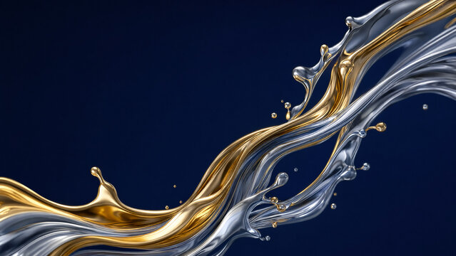 Silver and gold liquid metal curves on navy