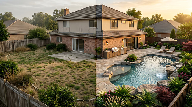 Transformation of a backyard with a swimming pool and landscaped garden in a suburban home during sunset