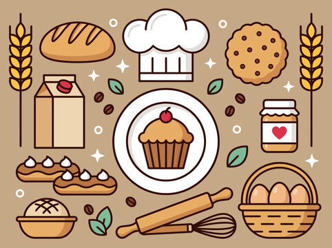 Bakery and Pastry Flat Icon Collection with Kitchen Tools