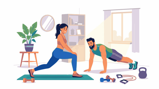 Couple exercising together indoors with fitness equipment