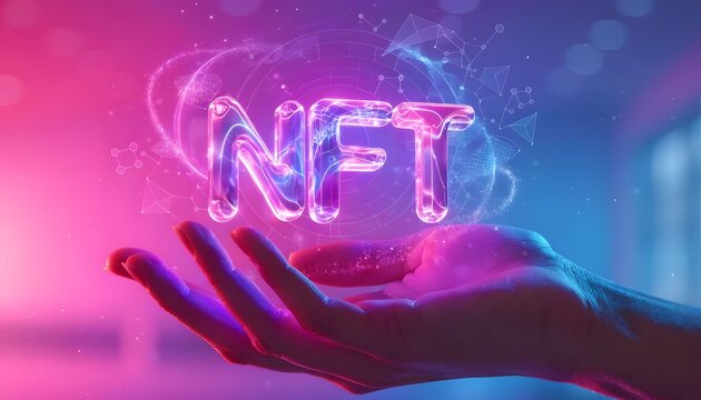 Virtual token marketplace and decentralized digital asset platforms. Non-fungible token innovation and secure crypto economy. Human hand holding a glowing purple neon NFT sign with data rings