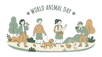 Naklejka premium World Animal Day Celebration: A charming illustration depicts people celebrating World Animal Day, interacting with various animals like a dog, bird, squirrel, and rabbit in a serene.