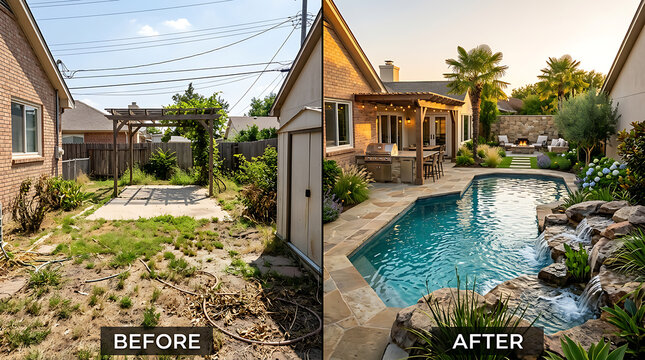 Transformative backyard renovation showcasing revitalized outdoor space with lush landscaping and a custom pool