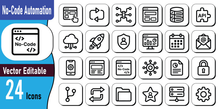24 no code automation icon set vector graphics for digital interfaces and workflow design