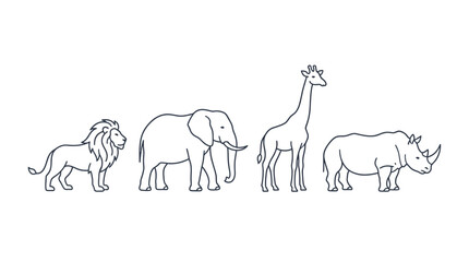 Obraz premium Minimalist collection of African safari wildlife vector outlines featuring savanna animals like lion elephant giraffe rhino zebra and cheetah isolated on clean white background backdrop.