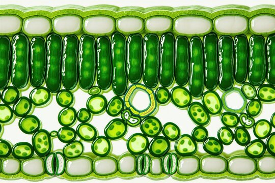 Microscopic view of plant leaf cross section showing cellular structure. Detailed anatomy includes cuticle epidermis palisade mesophyll spongy tissue, vascular bundles. Green chlorophyll cells