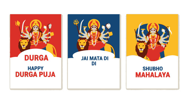 Colorful vector illustration set featuring goddess durga with multiple arms holding weapons riding a lion against red blue and yellow backgrounds for durga puja and mahalaya