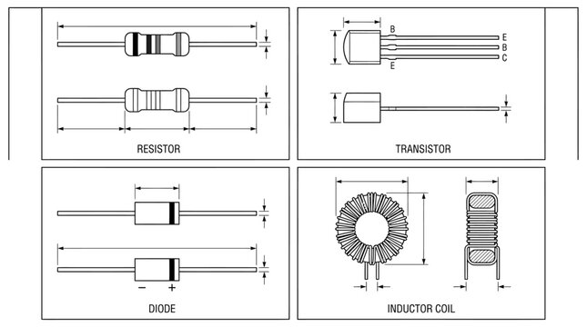 Macro Collection of Electronic Components Including Resistor Transistor Diode and Inductor Coil Isolated on a Plain White Background for Engineering Hardware and Circuitry Technology Projects