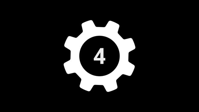 Animated gear icon with number 4 for technical settings, options, system processing, setup on black background.