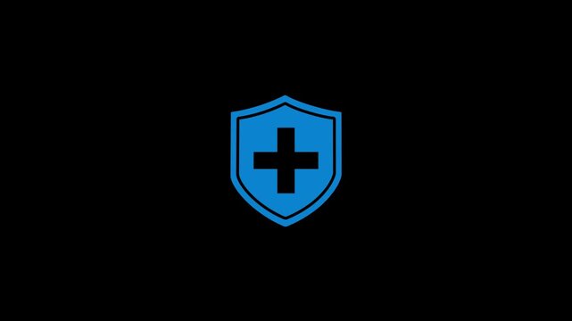 Medical shield with plus sign icon loop animation on black background. shield and plus icon animation with representing healthcare protection. Medical healthcare and emergency aid icon