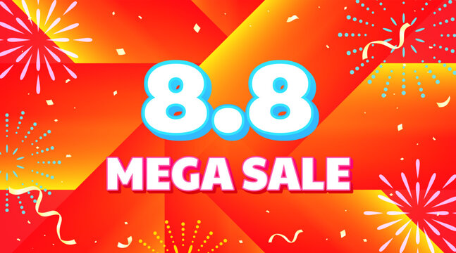 8.8 Mega Sale banner vector illustration. Orange abstract template design