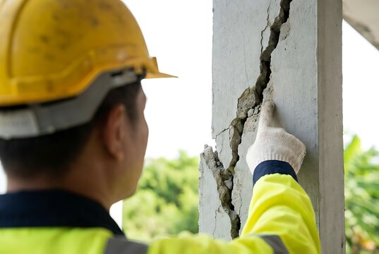 Close-up of construction worker's gloved hand pointing at significant crack in concrete column, emphasizing structural assessment and damage inspection.