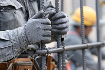 Fototapeta premium 工事現場で鉄筋を掴んで建設作業に勤しむ男性の力強い手元