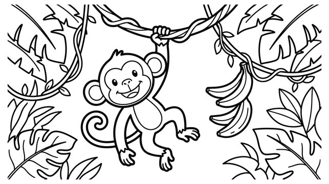 Cute monkey hanging on jungle vine coloring page for kids vector.