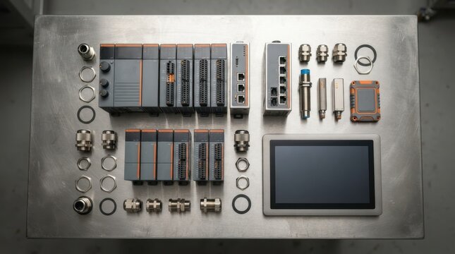 PLC modules, industrial Ethernet switch, proximity sensors, cable glands, RFID tag, and tablet on a stainless workbench.