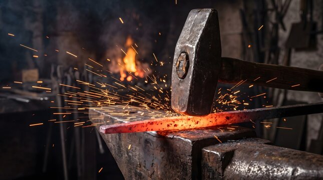 Blacksmith forging hot metal with hammer and anvil. Skilled craftsman shaping steel in a traditional workshop.