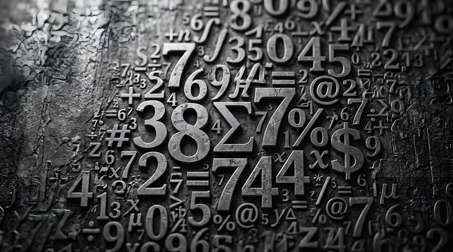 Black and white 3D numbers and mathematical symbols on a dark background