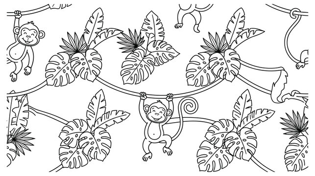 Jungle seamless pattern with cute monkeys and monstera leaf art.