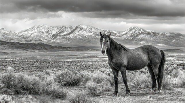 A solitary horse stands amidst a vast, wintry landscape, framed by snow-capped mountains.